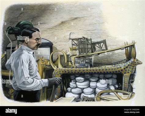 Howard Carter in Tutankhamun's tomb, illustration. British Egyptologist ...