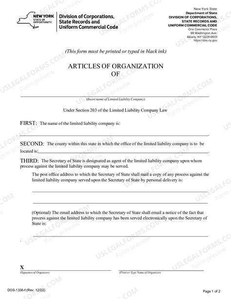 Queens New York Articles of Organization for Domestic Limited Liability ...