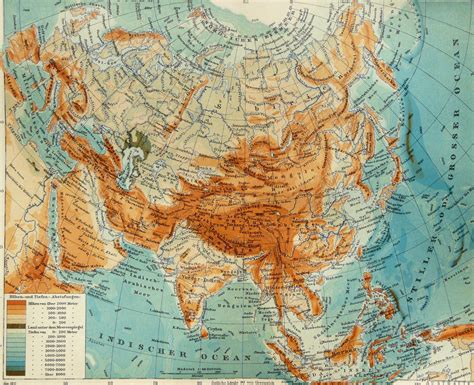 1911 Antique Physical Map of ASIA, Rivers and Mountains. Geology. Himalaya. Vintage Geography ...