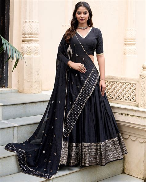 Black Color Pure Chanderi Plain Navratri Half Saree – TANHAI