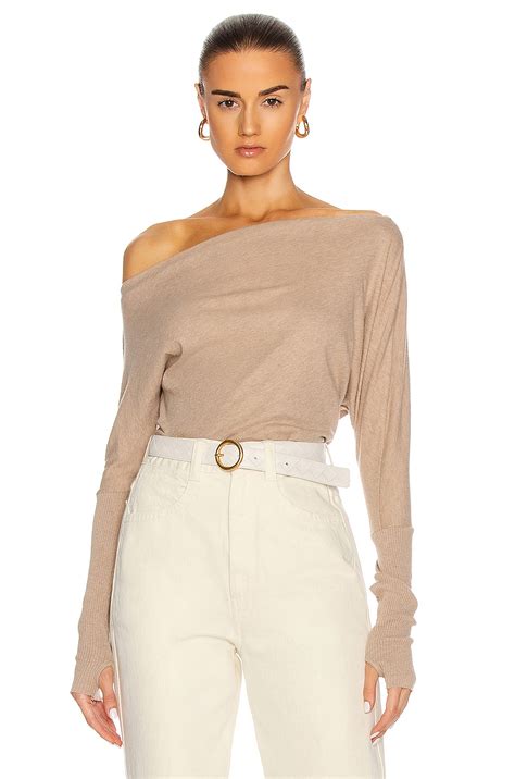 Enza Costa Cashmere Cuffed Off Shoulder Long Sleeve Top in Khaki | FWRD
