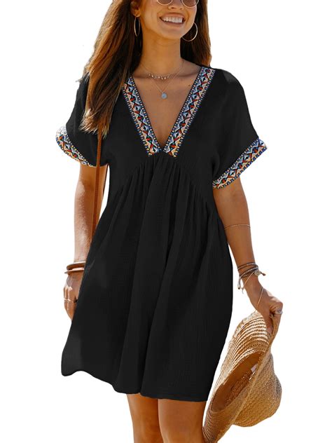 CUPSHE Women's Short Sleeve V Neck Beach Dress Cover Up with Smocked ...