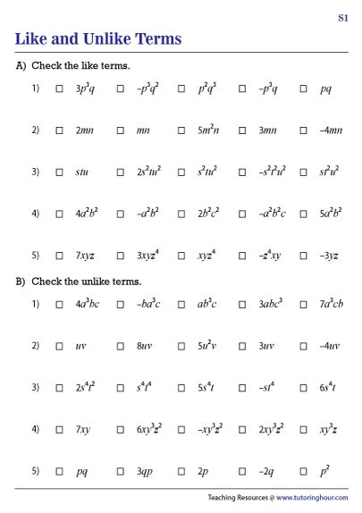 Like and Unlike Terms of Polynomials Worksheets