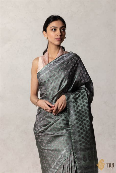 Sage Green Pure Satin Silk Banarasi Tanchoi Handloom Saree - Tilfi