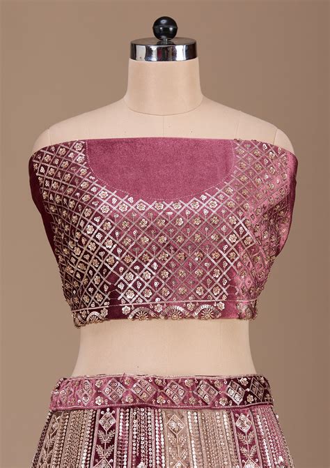 Buy Wine Sequins Velvet Semi-Stitched Lehenga - Koskii