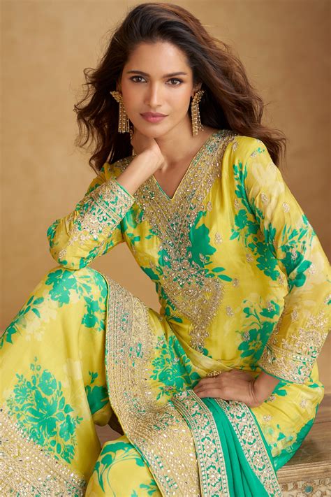 Shop for Yellow Readymade Heavy Work Printed Chinon Suit Online | Saree ...