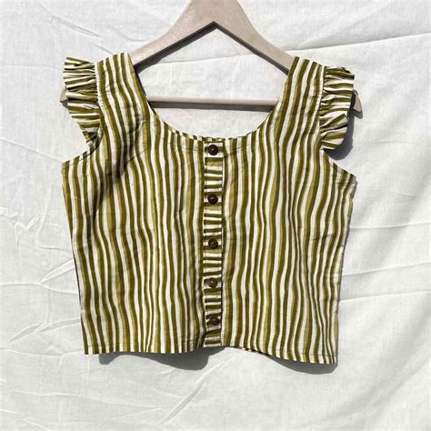 Green Stripe Printed Frill Sleeves Cotton Top- KJ0037 – Kajrakh