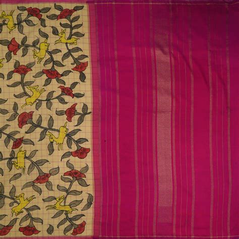 Off White Pen Kalamkari Silk Saree with Kalamkari Checks Design