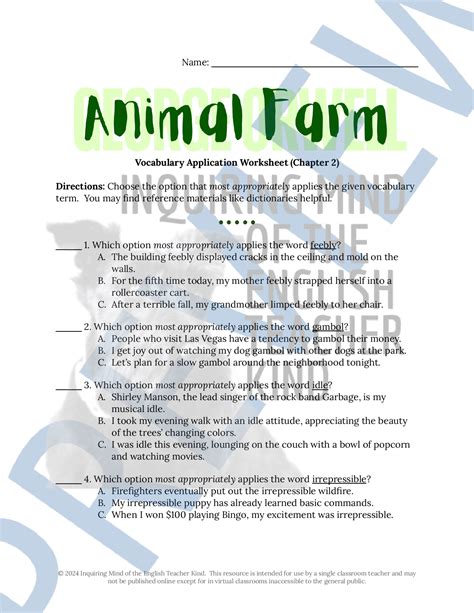 Animal Farm by George Orwell Vocabulary Development Games and ...