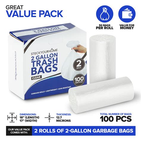 Stock Your Home Clear 2 Gallon Trash Bags, 100 Pack, 12.7 Micron Small ...
