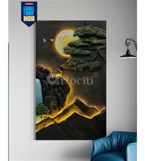 5X3 Feet Modern Abstract Mountain Tree and Sun 3d Relief Mural Wall Ar