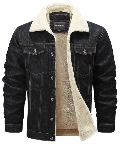 HOW'ON Men's Sherpa Lined Denim Jacket, Warm Thicken Jean Coat, Black ...