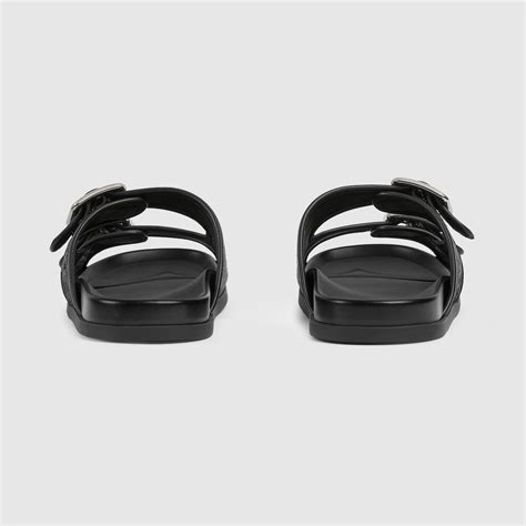 Men's slide sandal with buckles in black GG denim | GUCCI® QA