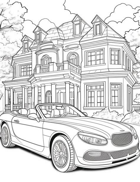 Premium Photo | A coloring page of a car parked in front of a large house generative ai