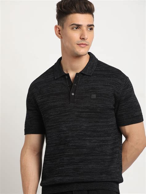 Shop Men Black Self Design Regular Fit Polo Collar Tshirt Online ...