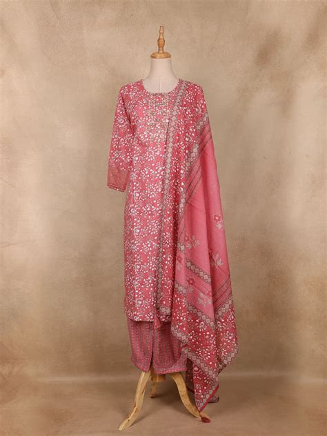 Peach Pink Floral Printed Cotton Salwar Suit with Dupatta | Diadem