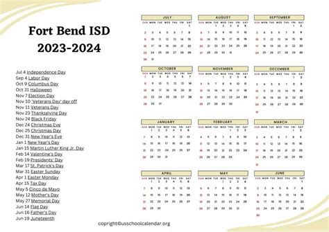 Fort Bend County ISD Calendar - US School Calendar