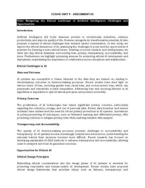 CCS345 Assignment 5 - Navigating the Ethical Landscape of Artificial ...