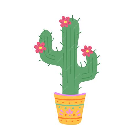 Premium Vector | Mexico cactus in pot with flowers hand drawn illustration