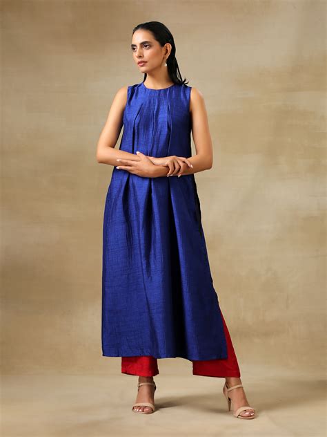 Blue Textured Silk Sleeveless Kurta Pant Set – trueBrowns