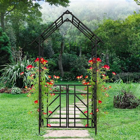 Metal Garden Arch with Gate in Elegant Black W58.07 H97.24 Strong Iron ...