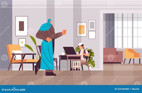 Arab Schoolboy Using Laptop Little Arabic Boy with Mother Doing ...