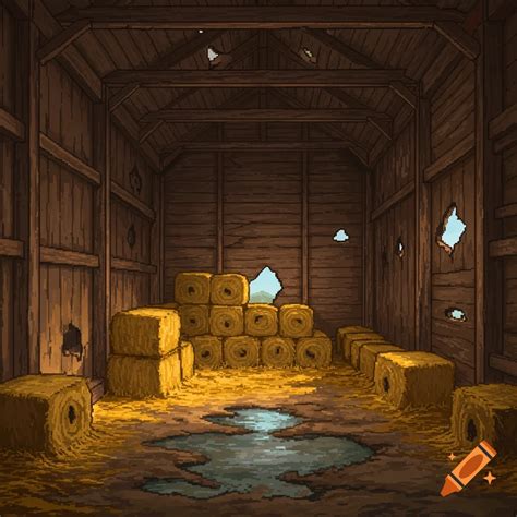 Pixel art of an abandoned barn interior with hay bales and a puddle. on ...