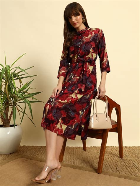 Buy Women’s Maroon Printed Cotton Midi Dress – Button-Down Belted Dress ...
