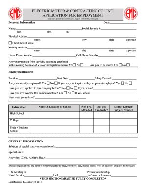 Fillable Online APPLICATION FOR EMPLOYMENT - Electric Motor amp ...