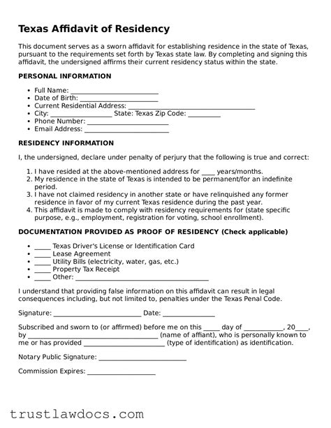 Free Texas Affidavit of Residency PDF Form > trustlawdocs.com