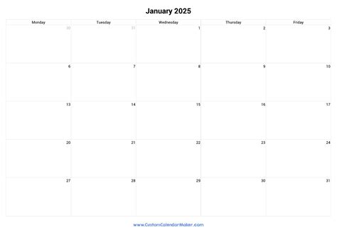 Printable Days Of Week Chartprintable Calendar Weekdays Only