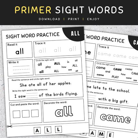 Primer Sight Words: Kindergarten Sight Words Worksheets, NO Prep, [SET ...
