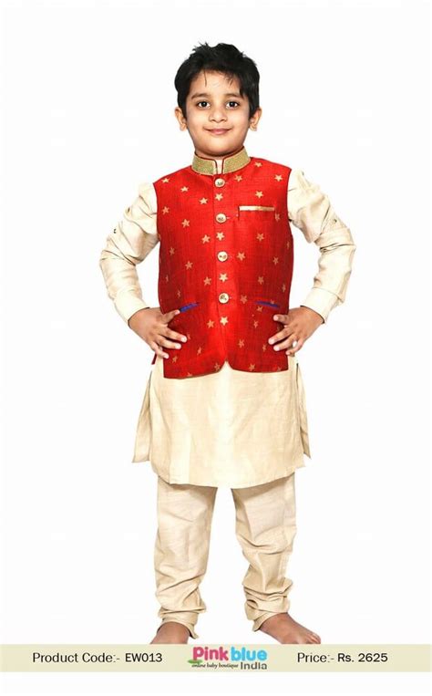 Buy Golden Yellow Ethnic Kurta Pajama with Red Jacket for Kids in India