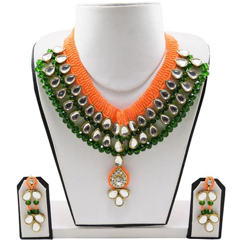 Green Crystal Beads Orange Jeko Moti Kundan Necklace | Fashionvalley