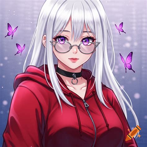 Anime woman with white hair, cat-eye glasses, pink eyes, and purple ...