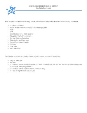 Fillable Online joshuaisd Print, complete, and return the following ...
