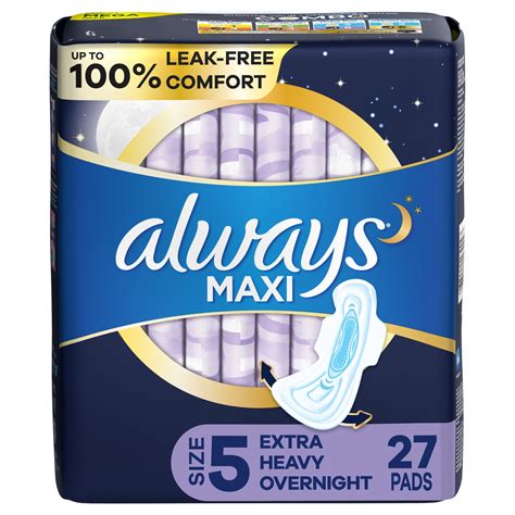 Always Maxi Pads Unscented with Wings, Overnight Absorbency, Size 5, 27 ...