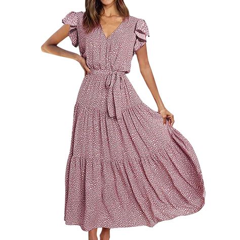 USSUMA Summer Dresses for Women 2022 Floral Print Pleated Flowy Swing ...