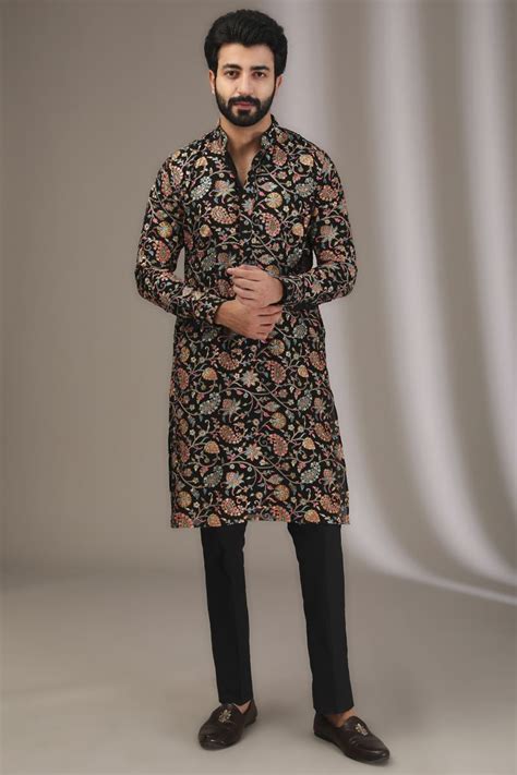 BLACK FULLY EMBROIDERED MULTI SEQUINS AND THREAD WORK KURTA WITH PANTS ...