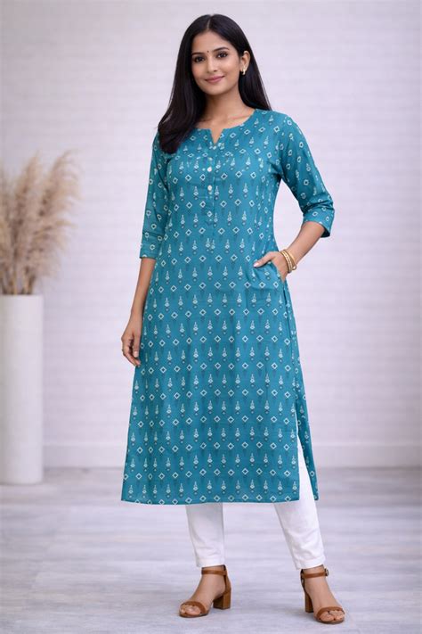 Teal Blue Printed Kurta for Women | Stylish Daily & Office Wear ...