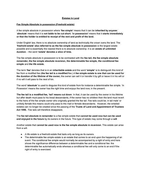 Estates (Fee Simple Absolute, Freehold in commonhold, Life,terms of ...