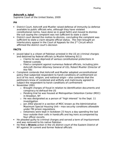 Ashcroft v - Case Brief Civ Pro I 2019 - Pleading Ashcroft v. Iqbal ...
