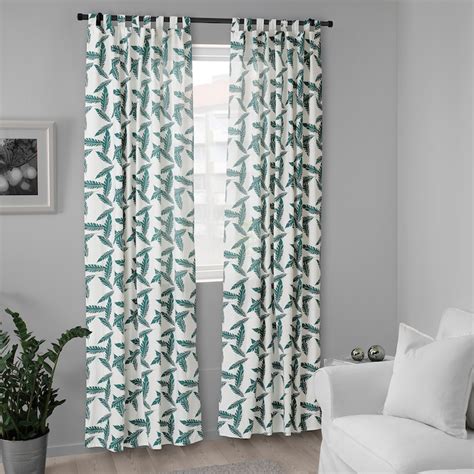 BUSKMÄTARE curtains, 1 pair, white/green leaf pattern/with tab top ...