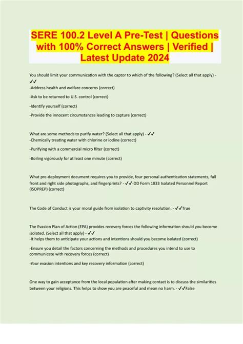 SERE 100.2 Level A Pre-Test | Questions with 100% Correct Answers ...