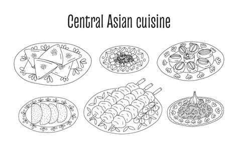 Vector central Asian food cuisine dishes set. Hand drawn plates with ...