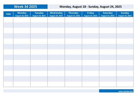 Week 34 2025: dates, calendar and weekly schedule to print