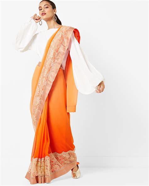 JDWW3767 Ombre Pastel Orange Georgette Summer Saree with Chantilly Lace ...