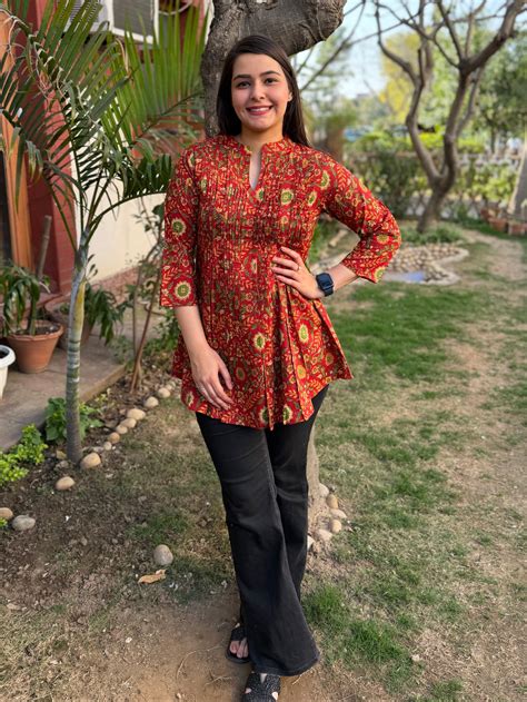 Brick Red floral Sanganeri pintucks top – MYSANSKRITAM