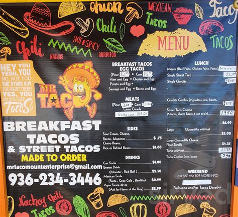 Mr. TACO menu in Mt Enterprise, Texas, USA