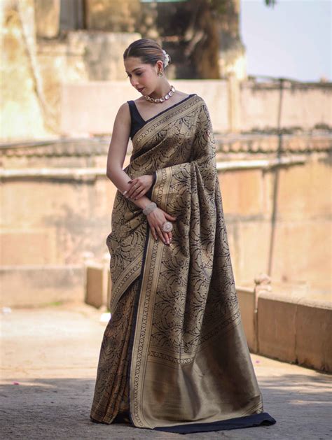 Banarasee Handloom Semi Katan Saree With Gold Zari Woven Design-Black